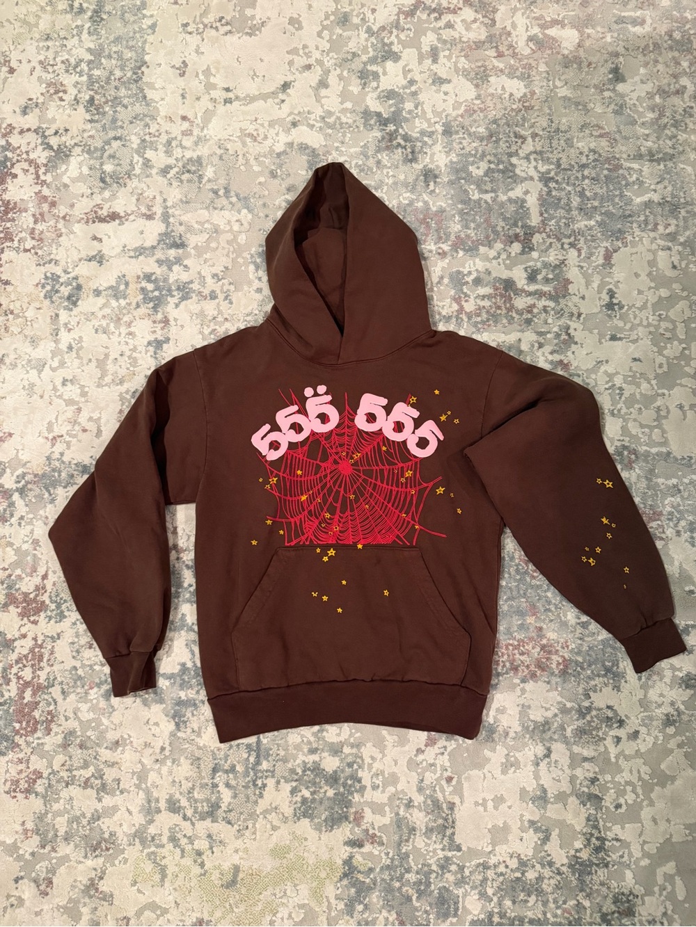 Men's Brown Graphic Hoodie with Pink & Red Web Design